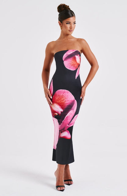 Vestito Allegra Midi Nero Fiore Stampa